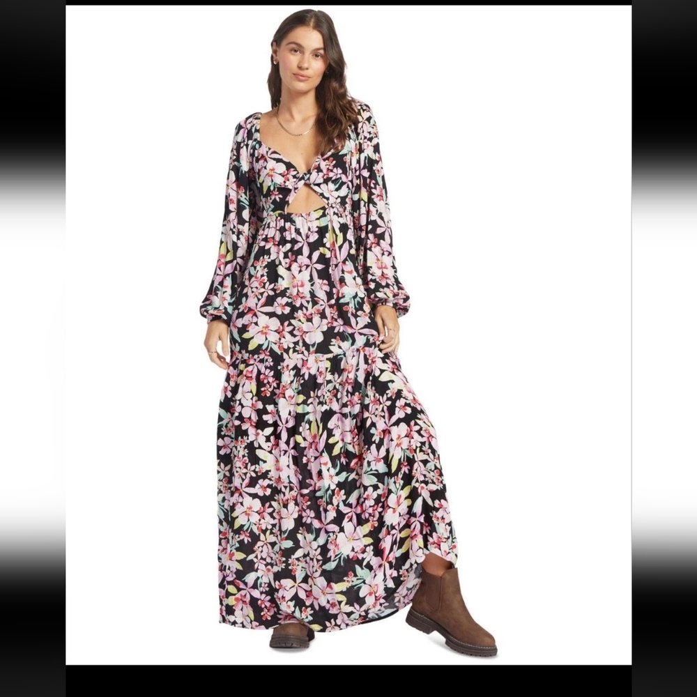 Roxy On Holiday Maxi NWT S Puffy Long Black and Pink Floral Long Sleeve Dress